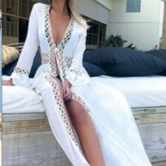 bohowhite crochet/lace detailed tie front kimono coverup - Picture 6 of 14